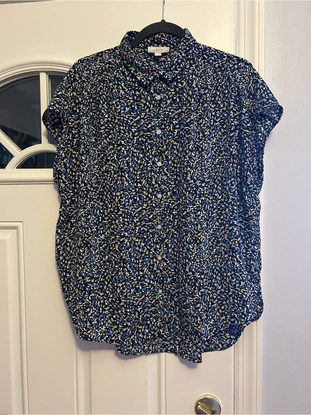 Button-Front Short Sleeve Blouse - Navy Floral